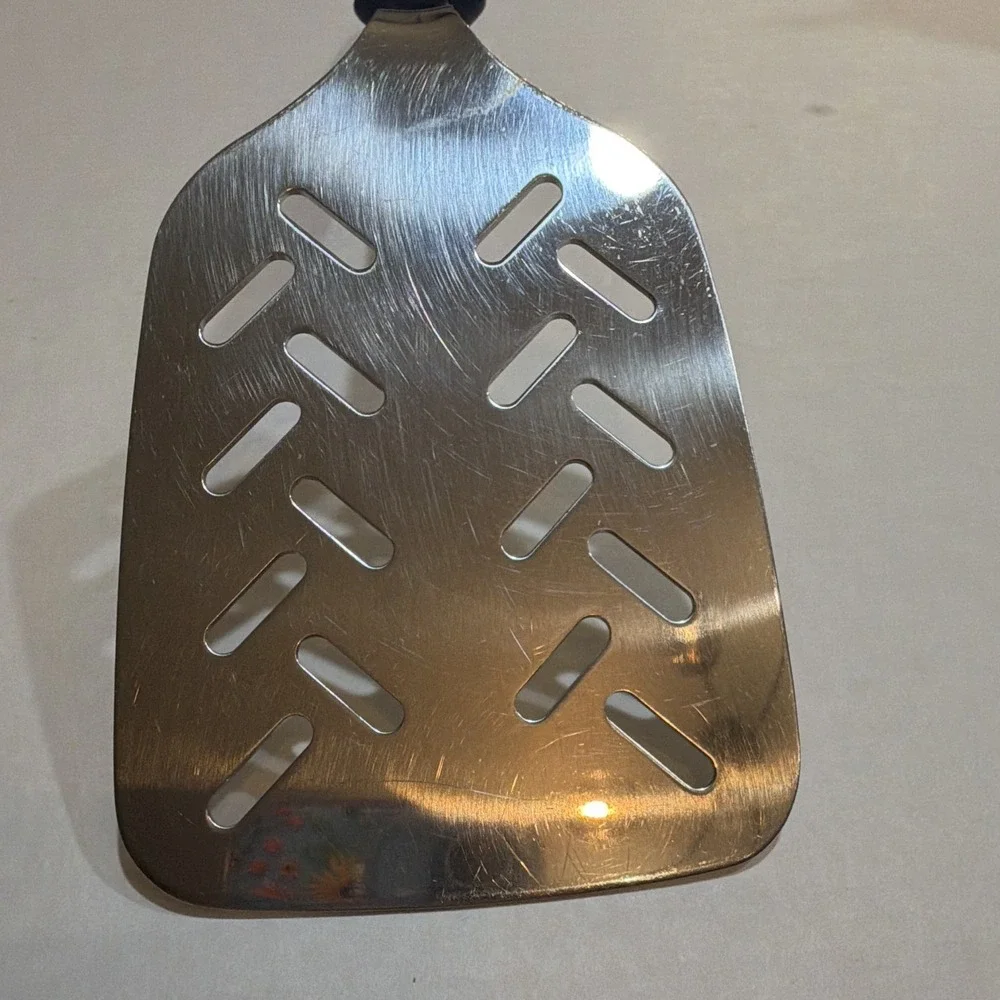 Vintage Hoffritz Stainless Steel Slotted Spatula Hanging Hole Silver Black